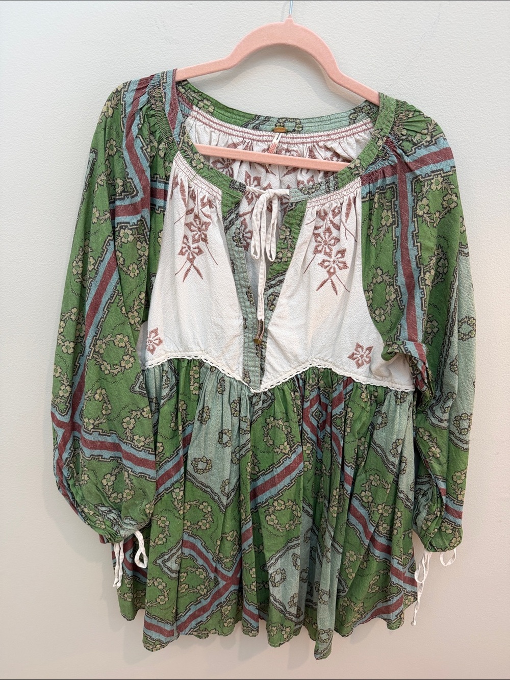 Free People Bohemian Green Floral Peasant Mini Dress with Embroidered Yoke